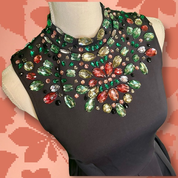 ASOS Gem Embellished High Neck A-Line Navy Blue Skater Dress Size 4 - Picture 2 of 6